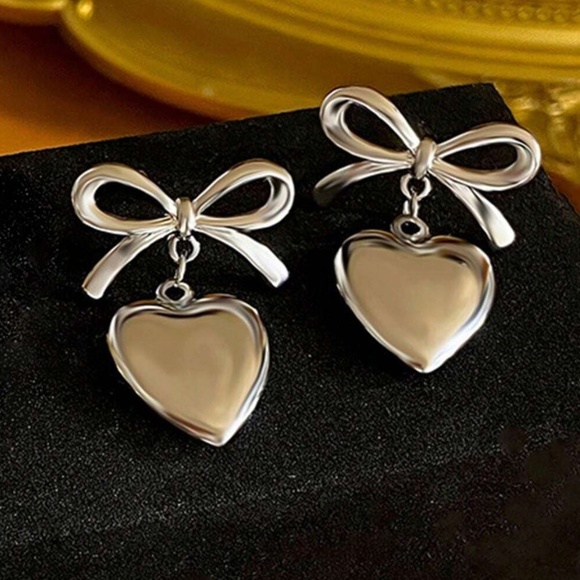 Luxe Silver Tone Heart Bow Drop Earrings - Picture 1 of 2